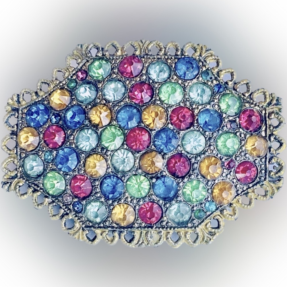Vintage Multicolor Rhinestone Domed Cast Brass Tone Brooch